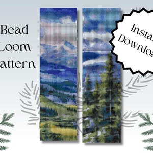 May include: A bead loom pattern featuring a landscape design with blue mountains, a green meadow, and pine trees. The text reads Bead Loom Pattern and Instant Download. The design is composed of a grid of small colored squares in blue, green, and yellow.