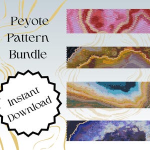 May include: A digital download bundle of four peyote stitch beading patterns. The patterns are inspired by agate stones and feature a variety of colors, including pink, yellow, blue, and purple. The text "Peyote Pattern Bundle" and "Instant Download" is included in the image.