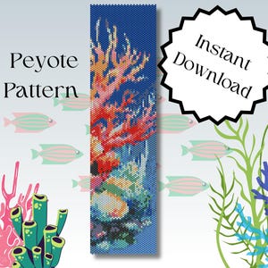 Puede incluir: Patrón de abalorios de punto de peyote para un brazalete con un diseño de arrecife de coral con cuentas azules, rosas y amarillas. El patrón está disponible para descarga instantánea.