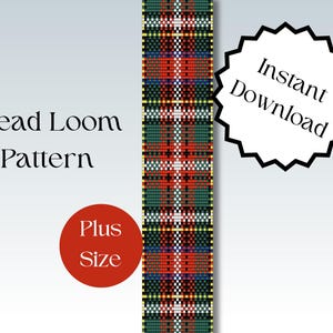 May include: A bead loom pattern for a red, green, white and yellow plaid design. The pattern is for a plus size bracelet. The text "Instant Download" and "Bead Loom Pattern" is visible in the image.
