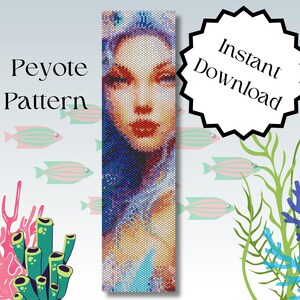 May include: Peyote stitch beading pattern featuring a woman's face with blue and purple hair, a white crown, and a blue and white background. The pattern is for a bracelet or necklace.