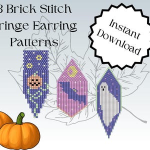 May include: Three Halloween-themed beading patterns for fringe earrings. The patterns feature a pumpkin, a bat, and a ghost. The patterns are labeled "3 Brick Stitch Fringe Earring Patterns" and "Instant Download".