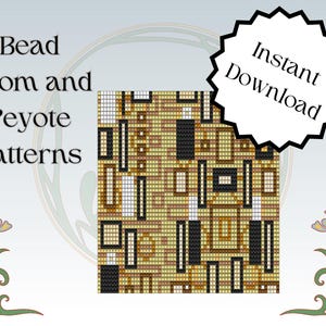 May include: Digital bead loom and peyote patterns with an abstract geometric design in shades of brown, black, and white. The image includes the text "Bead Loom and Peyote Patterns" and "Instant Download". Decorative floral elements frame the design.