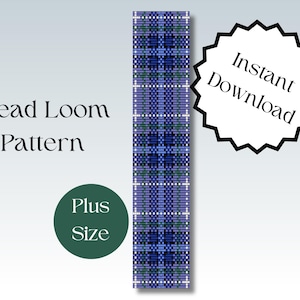 Puede incluir: Un patrón de telar de cuentas para un brazalete con un diseño de cuadros azules, verdes y blancos. El patrón está etiquetado como "Plus Size" y "Descarga instantánea".