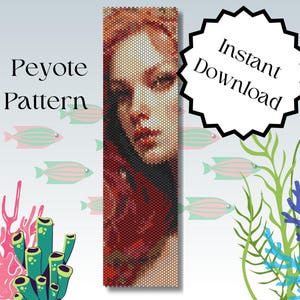May include: Peyote beading pattern featuring a woman's face with red hair. The pattern is for a bracelet or necklace. The image includes the text "Peyote Pattern" and "Instant Download".