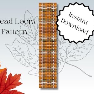 May include: A bead loom pattern featuring a plaid design in orange, brown, white, and green colours. The pattern is labelled "Instant Download" and "Bead Loom Pattern".