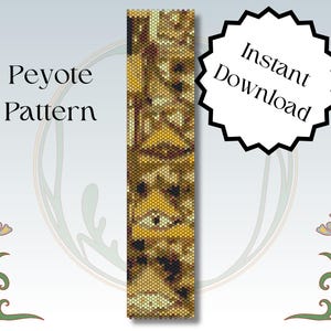 May include: A peyote stitch beading pattern featuring a geometric design with yellow, brown, and white beads. The pattern is for an instant download.