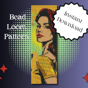 May include: A bead loom pattern featuring a pop art style illustration of a woman with red hair and a yellow dress. The pattern is for a bracelet or other small project.