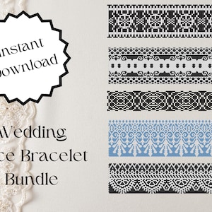 May include: A digital download bundle of five black and white lace bracelet patterns. The patterns feature geometric designs and are perfect for creating delicate and elegant bracelets.