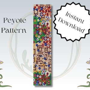 Op de afbeelding: Een kleurrijk peyote-steek kralenpatroon met een bloemenontwerp. Het patroon is voor een armband of ander kralenproject. Direct downloaden.