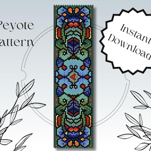 Pode incluir: Um padrão de miçangas de ponto peyote colorido com um design geométrico que apresenta tons de azul, verde, laranja e vermelho. O padrão é para uma pulseira ou outro projeto de miçangas. Download instantâneo.