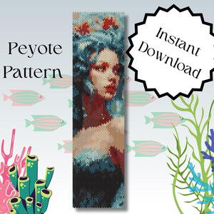 May include: Peyote stitch beading pattern featuring a woman with blue hair and a red flower crown. The pattern is for a bracelet or necklace. Instant Download.
