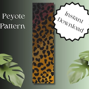 May include: A Peyote stitch pattern featuring a leopard print design in shades of orange, yellow, and black. The pattern is for a beaded bracelet or other project. The text "Instant Download" is visible in a white circle with a black starburst border.