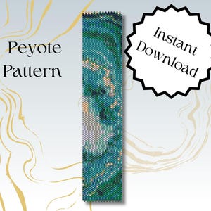 Peut inclure: Un motif de point de peyote pour un bracelet en perles avec un schéma de couleurs bleu, vert et blanc. Le motif est disponible en téléchargement instantané.