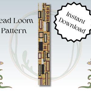 以下が含まれることがあります： 黒、白、茶色、金色のビーズを使用した幾何学模様のビーズ織りパターン。パターンには「Bead Loom Pattern」と「Instant Download」のラベルが付けられています。