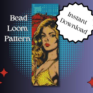 May include: A bead loom pattern showing a pop art style portrait of a woman with red lips and a yellow top. The image includes the text "Bead Loom Pattern" and "Instant Download". The background is blue and purple.