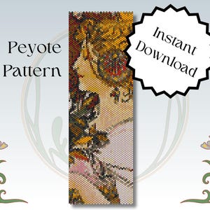 May include: A peyote stitch beading pattern featuring a woman with a floral design in shades of yellow, brown, and white. The pattern is for a beaded bracelet or necklace.