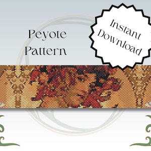 May include: Peyote beading pattern featuring a portrait of a woman with red hair and flowers. The pattern is in shades of brown, red, and black. Instant Download.