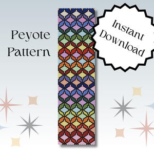 Puede incluir: Un patrón de abalorios de punto de peyote colorido con un diseño geométrico. El patrón está en tonos de azul, verde, amarillo, naranja, rojo y rosa. El patrón está etiquetado como "Peyote Pattern" y "Descarga instantánea".