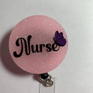 Retractable Badge Reel ID Holder - Nurse with Purple Butterfly