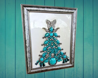 Christmas Decor Handmade Framed Art, Beaded Jewelry Wall Art, Maximalist Mixed Media Christmas Gift for Her