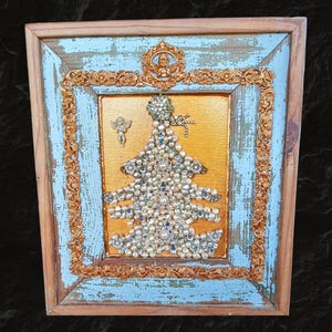 Rustic Christmas Tree Jewelry Art: Framed Pearl & Rhinestone Decor