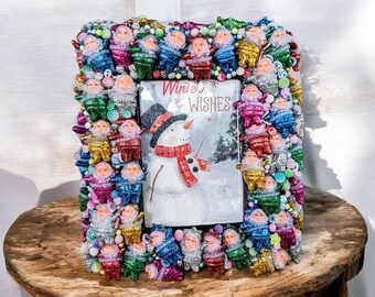 Santa Clause Frame Handmade Jeweled Mosaic, Unique Christmas Gift, Boho Home Decor, One-of-a-Kind Picture Frame