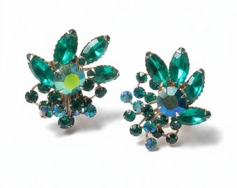 Emerald Green Blue AB Art Glass Vintage Clip Earrings