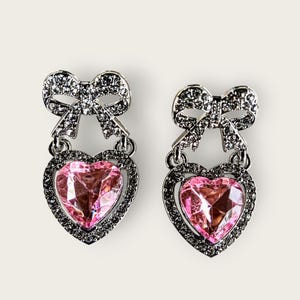 Pink Heart Earrings with Sparkly Rhinestone Bow – Cute Gift for Her, Lightweight Dangle Jewelry