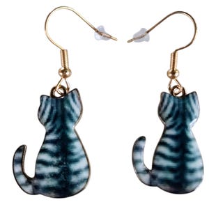 Blue Tabby Cat Dangle Earrings: 18K Golden Plated Kitty Jewelry