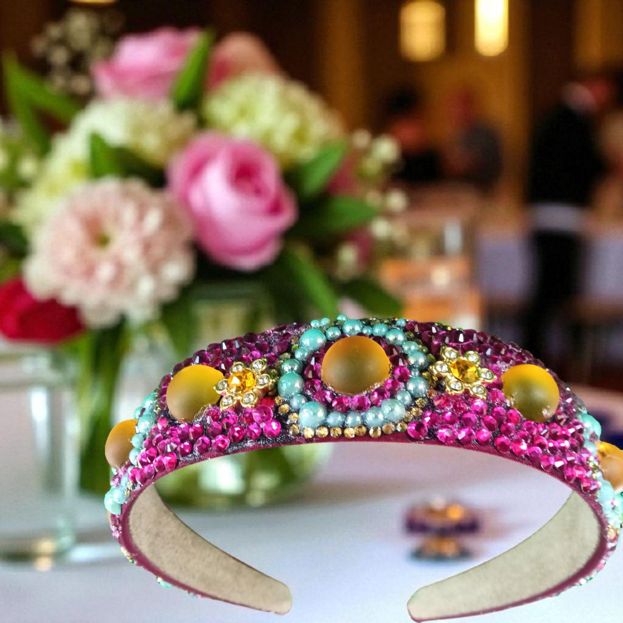 Handmade Fuchsia & Crystal Luxe Headband Fuchsia Rhinestone Headband: Crystal Jeweled Wedding  main image 4