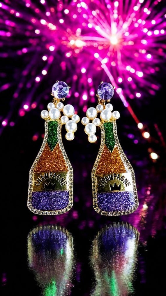 Rhinestone Champagne Bottle Earrings: Mardi Gras Dangle Jewelry