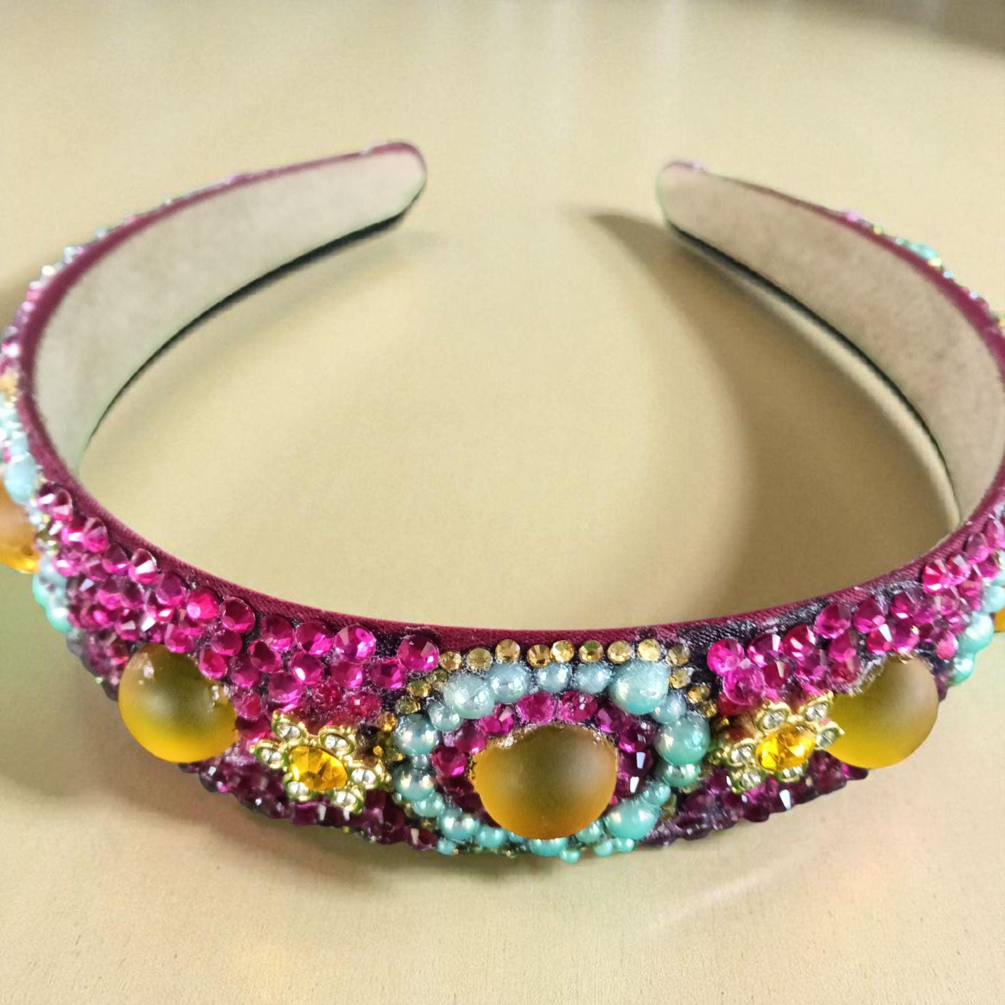 Handmade Fuchsia & Crystal Luxe Headband Fuchsia Pink Silk Headband Bandeau With Matching Bow  main image 3