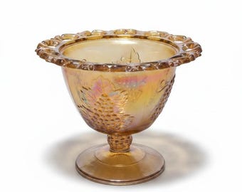 Vintage Amber Carnival Glass Pedestal Bowl Harvest Grape Bowl