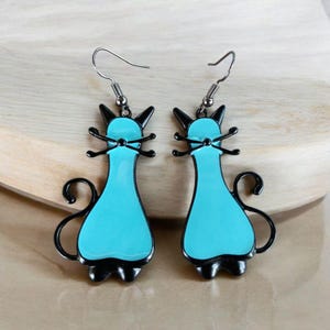 Blue Cat Dangle Earrings: Handmade Art Deco Style Jewelry