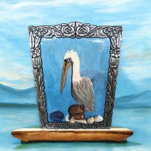 Brown Pelican Framed Art: Original acrylic painting Louisiana Collage Decor