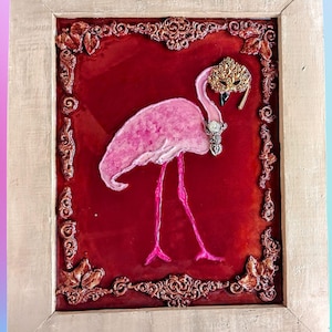 Pink Flamingo Masquerade Wall Art: Framed Maximalism Mardi Gras Original Artwork