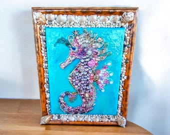 Framed Jewelry Art Jeweled Seahorse Wall Decor, Vintage Jewelry Art for Unique Nautical, Beach House, and Tropical Home Decor