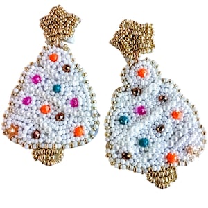 White Christmas Tree Beaded Earrings - Handmade Seed Bead Jewelry for Fun & Festive Holiday Celebrations
