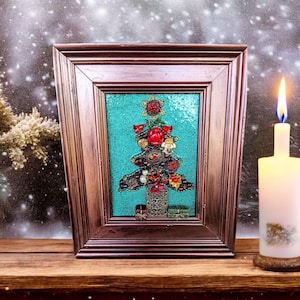 Christmas Tree Vintage Jewel Art: One-of-a-Kind Framed Jewelry Assemblage for Holiday Decor