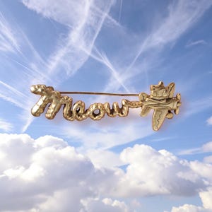 Broche vintage AJC Cat Airplane con la inscripción "Meow" y la palabra "Kitty Pilot" en tono dorado.