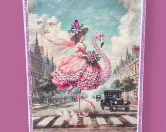 Pink Flamingo Funny Eclectic vintage embellished art Retro Whimsical Victorian Home Decor Animal Nouveau Maximalist Wall Decor