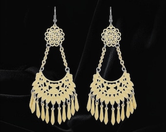 Vintage yellow metal filigree Chandelier dangle earrings