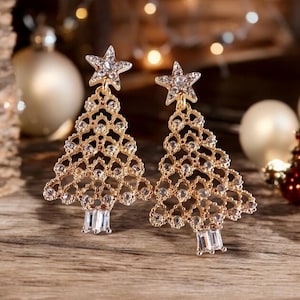 Rhinestone Christmas Tree Earrings: Gold Holiday Dangle Jewelry