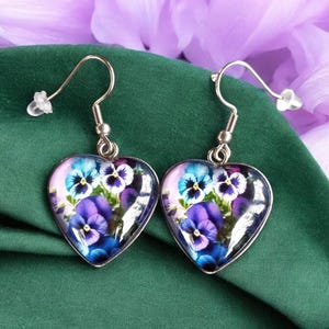 Pansy Flower Earrings: Glass Cabochon Heart Drop Design