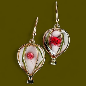 Hot Air Balloon Earrings: Pressed Red Flowers, Handmade Acrylic Dangles