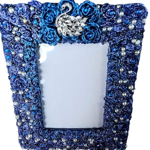 Handgemachter Jeweled Swan Bilderrahmen: Blaue Rose Perlen Kunstwerk
