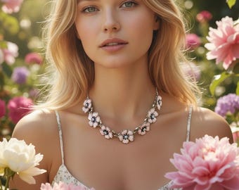 Vintage Thermoset and Crystal Rhinestone Pink flower Choker Cherry Blossom