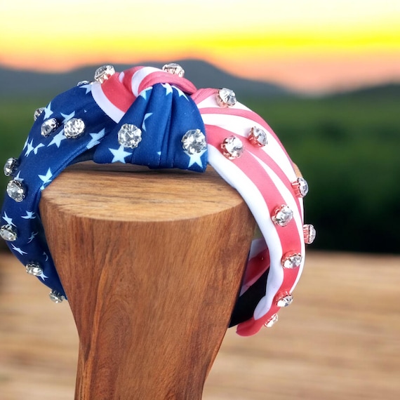 USA Flag Headband: Red White Blue Rhinestone Star Knotted 