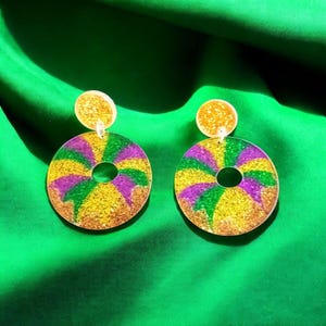 King Cake Glitter Dangle Earrings: Mardi Gras Carnival Jewelry